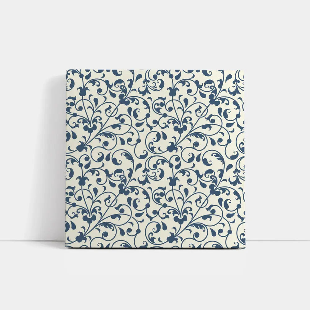 Dark Blue Floral Scroll Pattern Cream Background