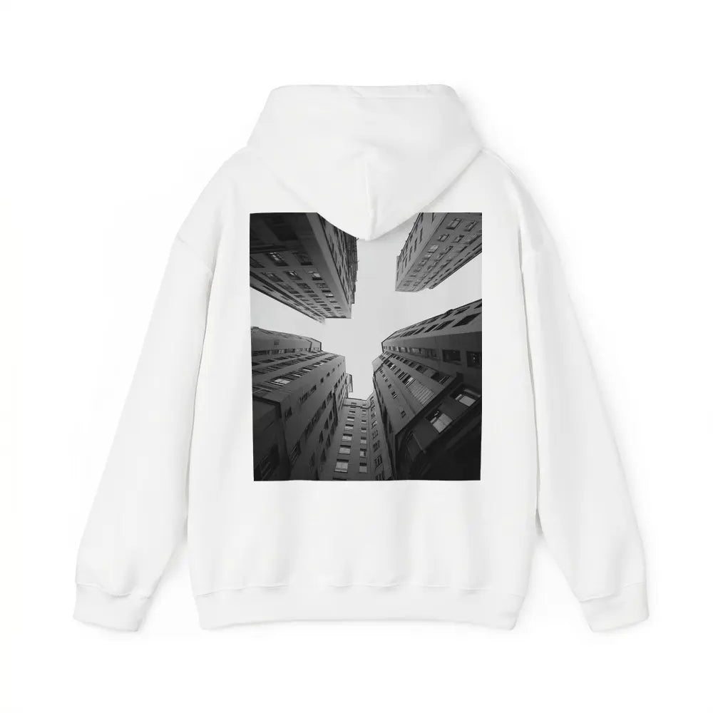 Looking Up Between Gray City Buildings Hoodie