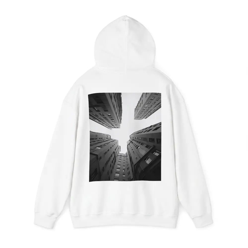 Looking Up Between Gray City Buildings Hoodie