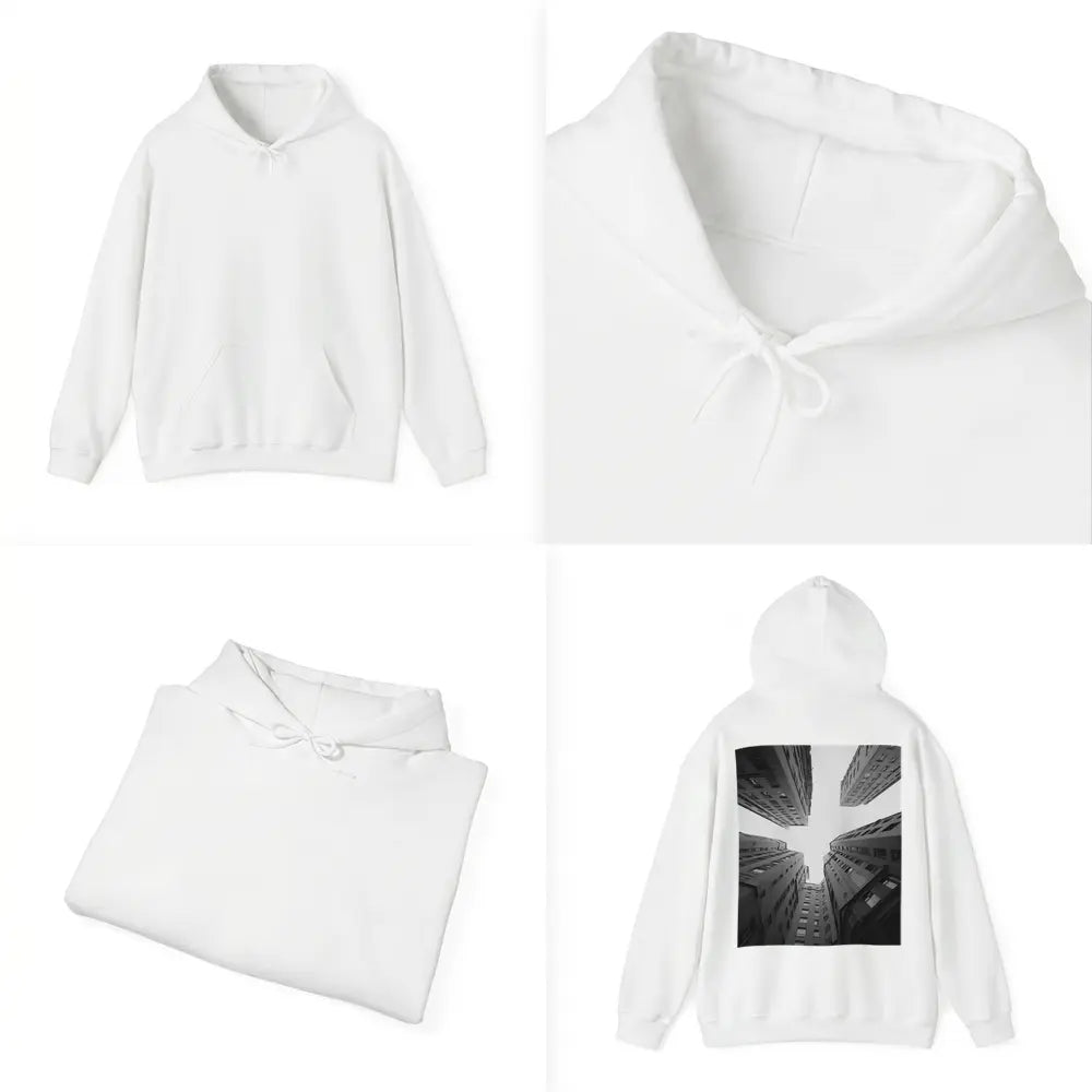 Looking Up Between Gray City Buildings Hoodie