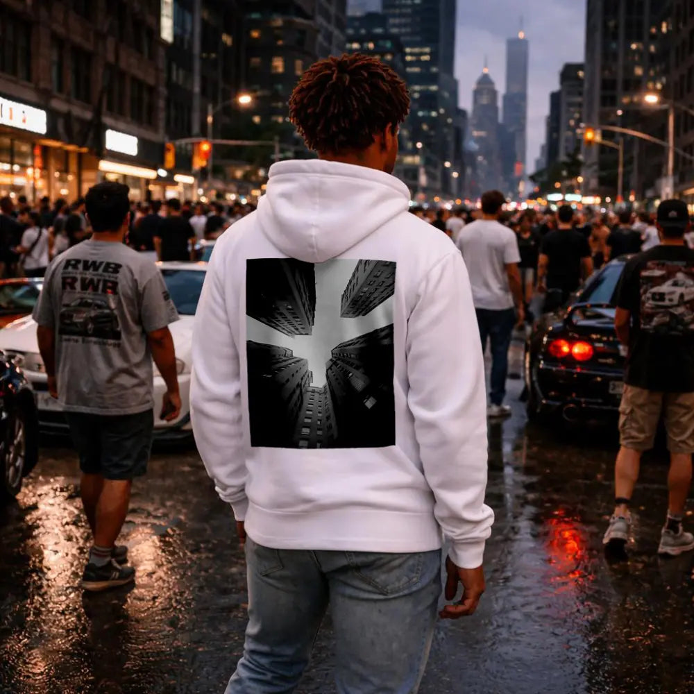 Looking Up Between Gray City Buildings Hoodie